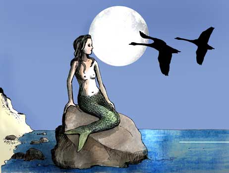 In einem Gedicht von Emanuel Geibel ist von Meerjungfrauen auf dem Travemünder Möwenstein die Rede. Illustration: CHRISTIAN BADEL 
