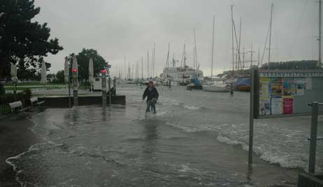 Wasser oder Land? Der Radfahrer wird es gleich merken. Foto: RUDOLF ROLL
