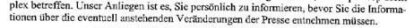Ausriss aus dem Schreiben an die Residenz-Eigentümer vom 21. November 2007. Die Maritim-Zentrale wollte nicht, dass die Eigentümer erst aus der Presse erfahren, was geplant ist. 
