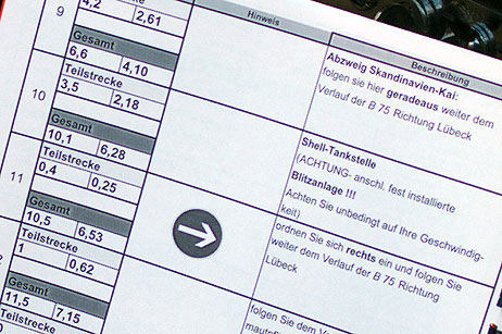 Wie gut das Roadbook die Teilnehmer auf die samstägliche Ausfahrt vorbereitete, zeigt dieser Ausschnitt: es werden alle wichtigen Details aufgeführt, sogar eine Blitzanlage mit dem Hinweis, auf die Geschwindigkeit zu achten.