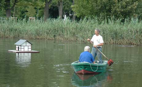Das Entenhaus wurde heute wieder im Godewind-Teich verankert. Foto: TA