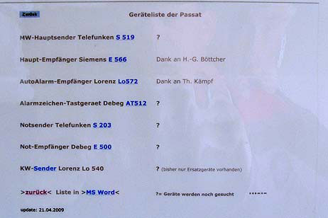 Liste der Geräte. Mit Fragezeichen versehen sind die noch fehlenden Geräte. Mehr Infos und Kontaktadresse zu Hans Berg, DJ6TJ, siehe Link unten und dann »Museumsfunkraum« anklicken.