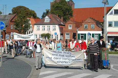 Die Demonstranten setzten zunächst mit der Fähre über, drehten auf der Stadtseite eine kleine Runde am Fährplatz. Dann ging es weiter auf der Mecklenburger Landstraße. Foto: TA 