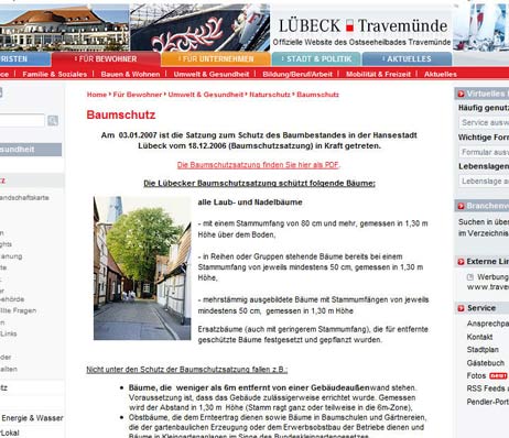 Ausgerechnet mit der nun gestutzten Linde illustriert die Stadt auf travemuende.de die doch recht strenge Baumschutz-Satzung. Screenshot: TA