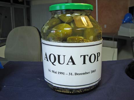 Statt einer Urne wurde ein Glas mit Original-Aqua-Top-Schwimmbadwasser aufgestellt, das mit dem Eröffnungs- und Schließungsdatum des Bades versehen war (14. Mai 1991 – 31. Dezember 2003). Frevler hatten allerdings saure Spreewald-Gurken darin eingelegt. Foto: TA