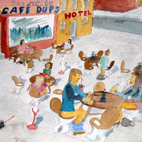 Für den Fährplatz war die »Nette Toilette« im Jahre 2007 nichts, zu viele Menschen damals. Immerhin bescherte Senator Geißlers Vorschlag der Kunstwelt ein Frühwerk des Travemünder Karikaturisten Michael Böttger, der das Thema »Nette Toilette« konsequent zuende gedacht hatte: Auf seinem Bild hatte er die Kaffeehaus-Stühle gleich durch WC-Schüsseln ersetzt. Zeichnung: MICHAEL BÖTTGER