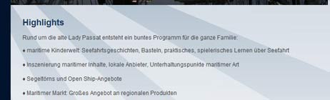 Klickt man auf der Veranstaltungsseite 100jahrePassat.de auf Highlights, erfährt man als Erstes etwas über Basteln für Kinder. Screenshot: TA