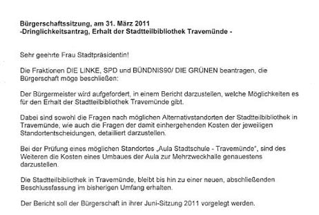 Interfraktioneller Antrag von Linken, Grünen und SPD wurde bei 6 Gegenstimmen der BfL mehrheitlich angenommen. 