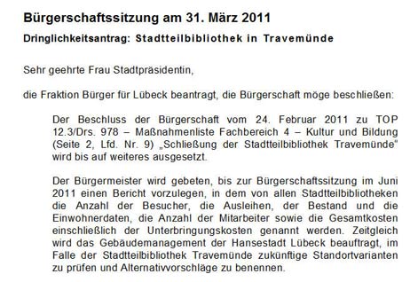 Der Antrag der BfL wurde von SPD, Grünen und Linken abgelehnt, Frau Dr. Stamm enthielt sich. Dafür stimmten CDU, FDP und die gesamte BfL sowie die fraktionslosen Mitglieder Jens-Olaf Teschke und Klaus Voigt. Das reichte nicht, der Antrag war damit abgelehnt. 